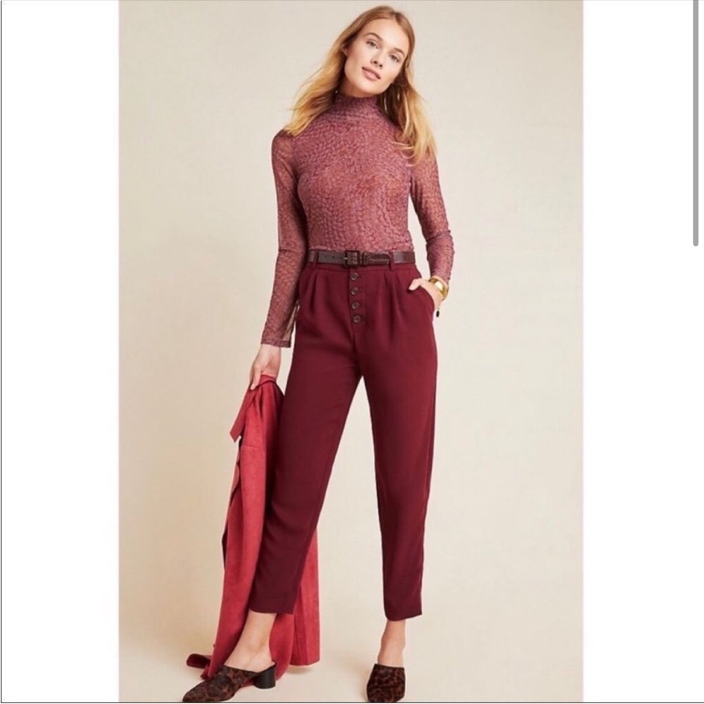 ANTHROPOLOGIE | Sasha Button Fly Tapered Leg Pants Burgundy Wine Women’s Size 0